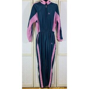 PUMA Women's L Jumpsuit Nylon Gray Pink Parachute Vintage RARE 80's Hole in pkt